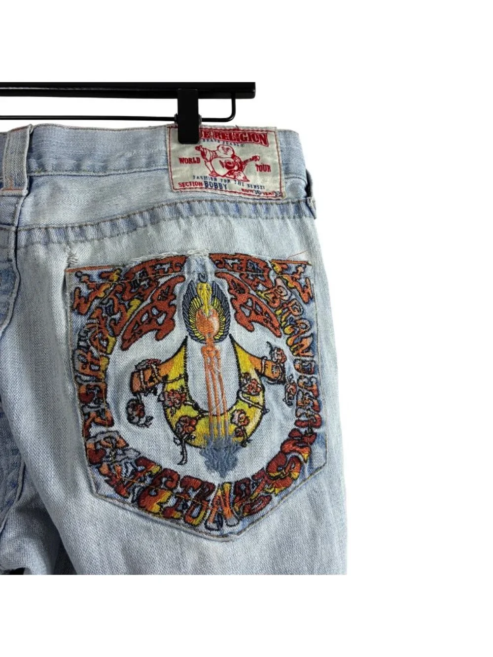 VTG Y2K True Religion Bobby World Tour Embroidered Distressed Jeans 32x33